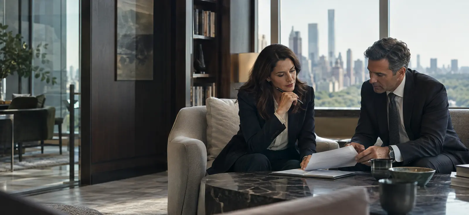 Experienced finance professionals discussing a confidential career move